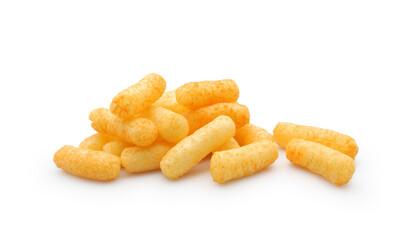 Cheesy corn puffs, crunchy snack isolated on white background	
