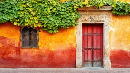 Vibrant Courtyard with Lush Foliage and Rustic Doors