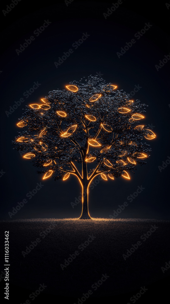 Poster a glowing tree with branches adorned by luminous eyes, set against a dark background, creating a mys