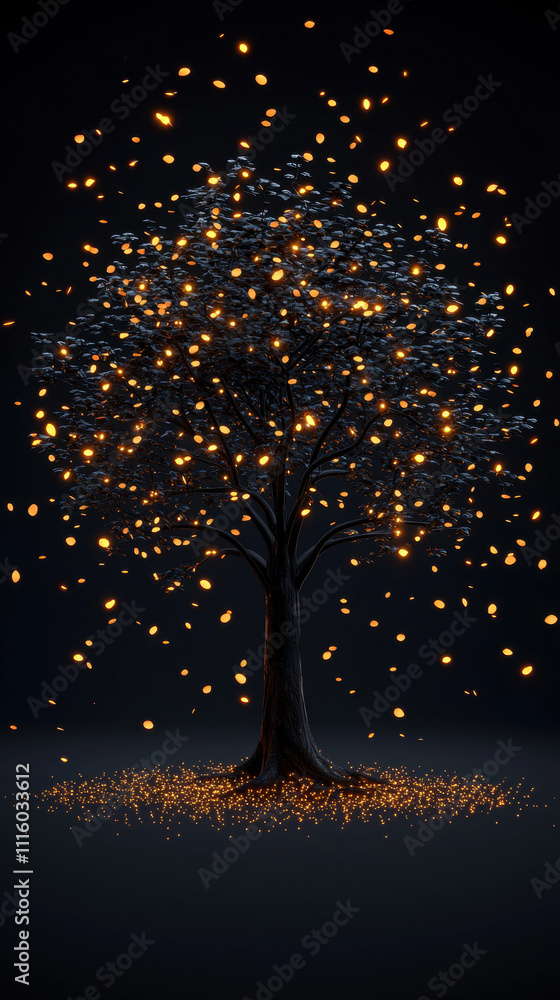 Poster a luminous tree surrounded by glowing lights, creating a magical atmosphere against a dark backgroun