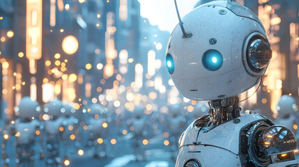 A white robot with bright blue eyes, in a city filled with other robots.
