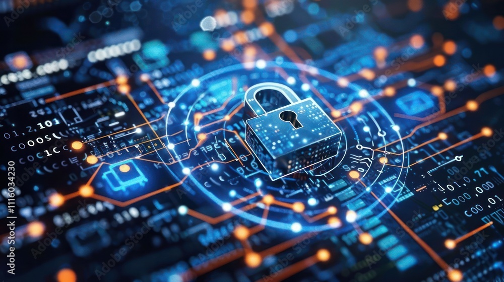 Poster digital illustration of a lock symbolizing cybersecurity on a circuit board background.