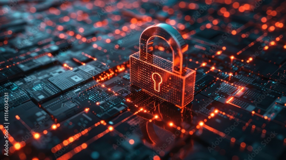 Poster a digital lock symbolizing cybersecurity on a circuit board background.