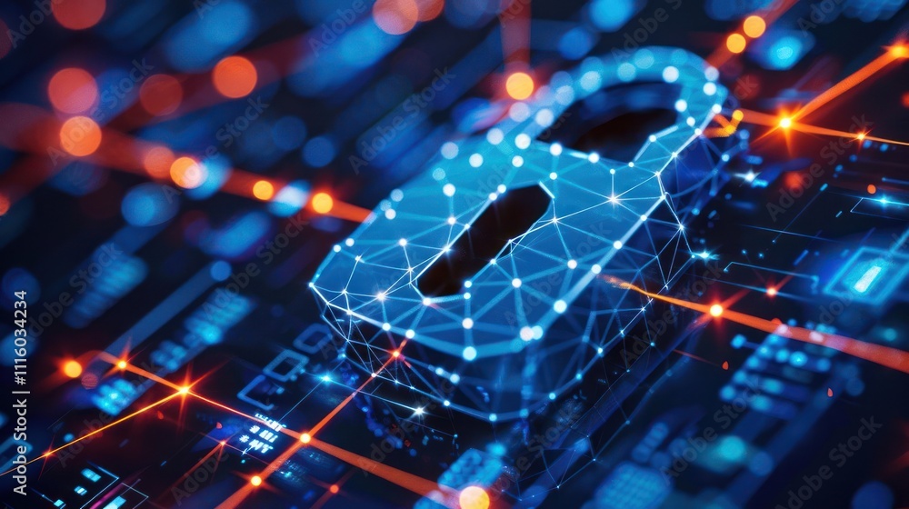 Poster digital lock symbolizing cybersecurity on a tech-themed background.