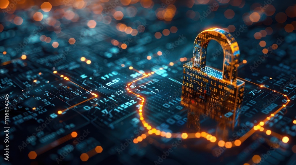 Poster digital lock symbolizing cybersecurity on a circuit board background.