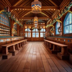 Traditional Oktoberfest beer hall with wooden benches, large mugs of beer, and festive decorations