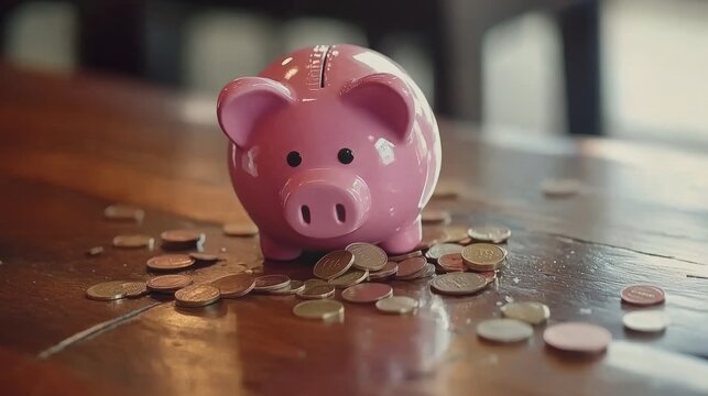 Broken with coins scattered across the piggy bank, symbolizing financial struggles and the need to budget and save