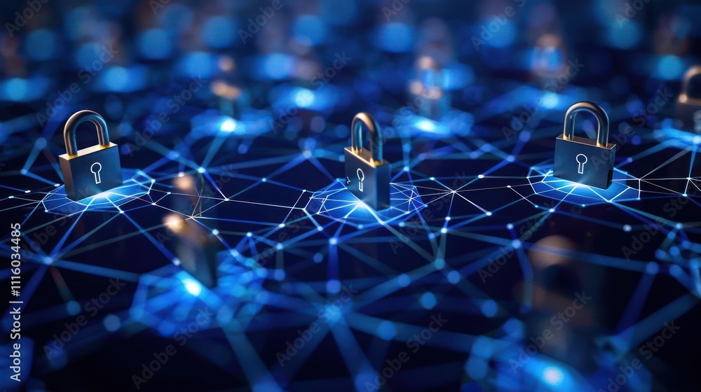 Aufkleber digital locks on a network, symbolizing cybersecurity and data protection.