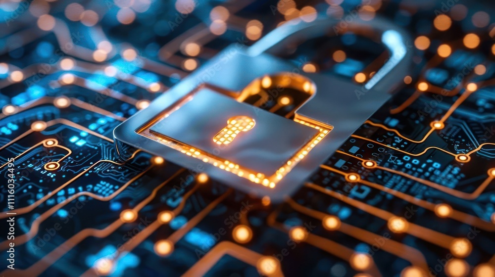 Poster a digital padlock on a circuit board, symbolizing cybersecurity and data protection.