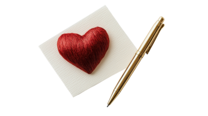 Red woollen heart resting on white paper near golden pen on transparent background