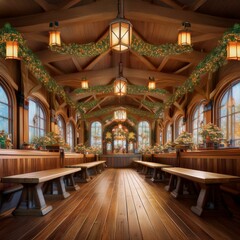 Obraz premium Traditional Oktoberfest beer hall with wooden benches, large mugs of beer, and festive decorations