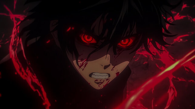 Fierce anime-style antagonist with piercing red eyes glowing with intensity, surrounded by dark, dynamic energy swirling dramatically.