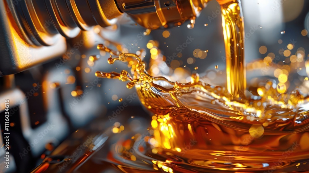 Poster viscous liquid pouring into a container, creating splashes and reflections.