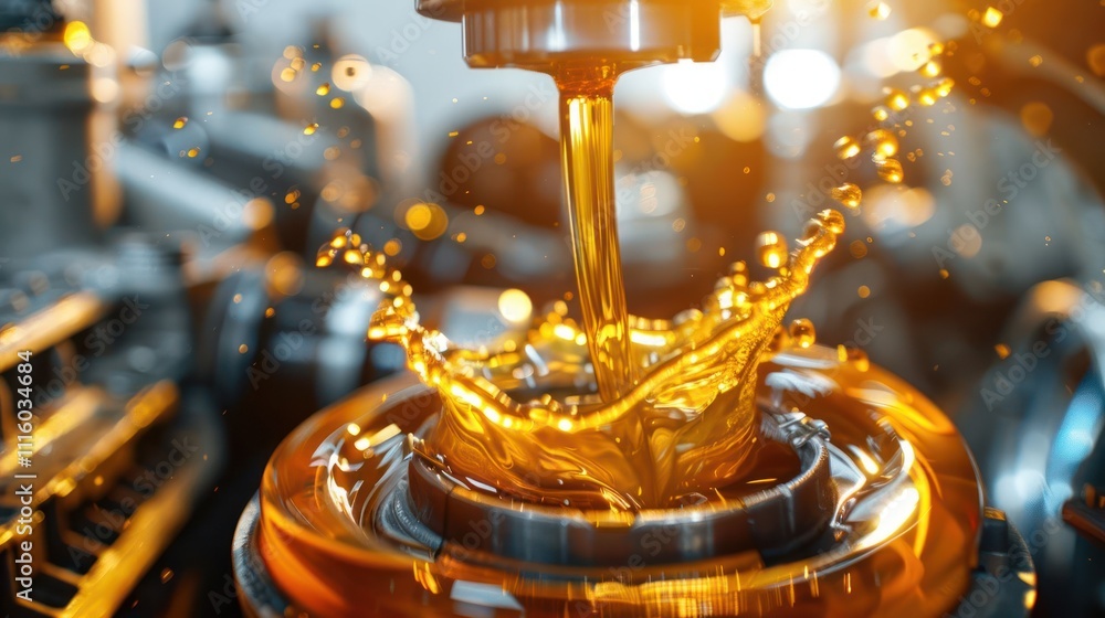 Aufkleber a close-up of oil pouring into a machine component, creating splashes and reflecting light.