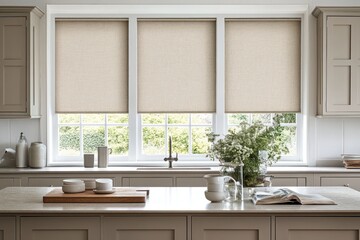 Three beige roller blinds installed in a bright kitchen with a kitchen island.