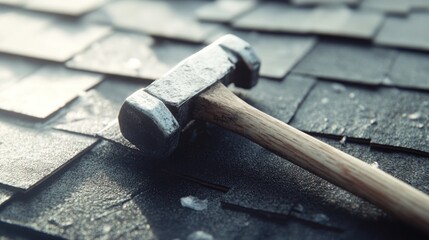 Close-up of a hammer resting on asphalt shingles.
