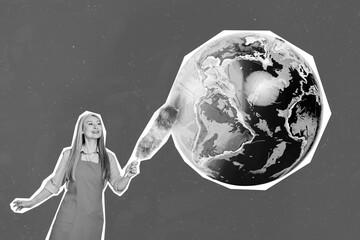 Collage photo of mature age woman housekeeper washing tidy dust from earth sphere planet pollution...
