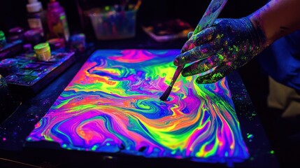 Psychedelic neon paint swirls on black canvas in vivid colors during creative painting session