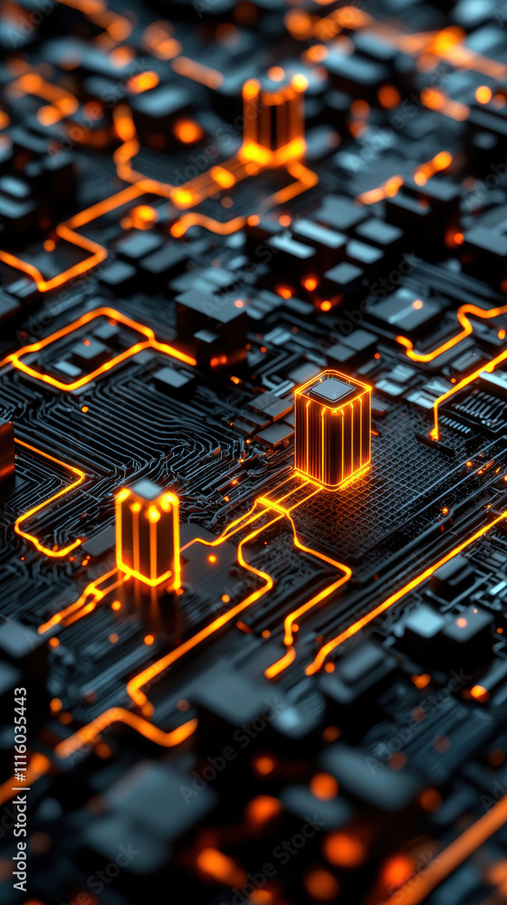 Poster a close-up view of a circuit board with glowing orange lines, showcasing intricate connections and e
