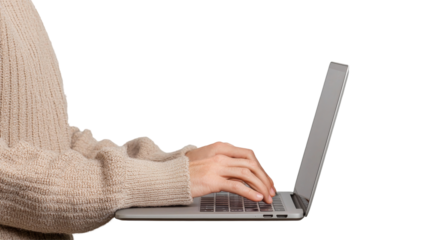 Typing on laptop home office setup digital workspace cozy environment