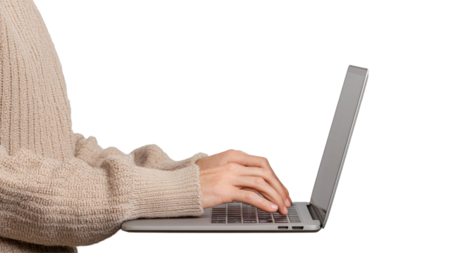 Typing on laptop home office setup digital workspace cozy environment