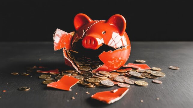 Broken with coins scattered across the piggy bank, symbolizing financial struggles and the need to budget and save