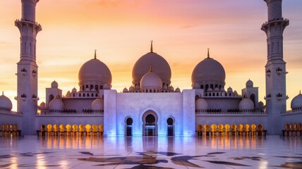 Fototapeta premium A majestic mosque at sunset, showcasing intricate architecture and serene reflections.