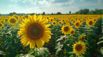 Fototapeta premium a large sunflower in a field of sunflowers