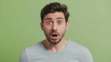 A surprised man with wide eyes and an open mouth against a green background.