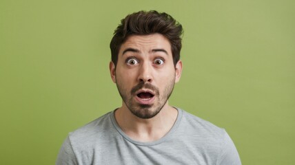 Obraz premium A surprised man with wide eyes and an open mouth against a green background.