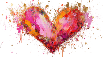 Colorful heart exploding with passion and creativity on transparent background
