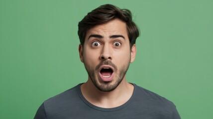 A surprised man expressing shock or amazement against a green background.