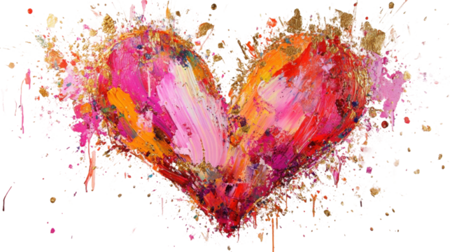 Colorful heart exploding with passion and creativity on transparent background