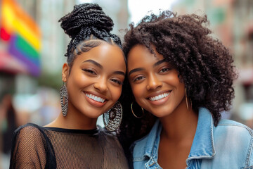 Two joyful African American women smiling and posing together at a social gathering on the street. Empowerment, celebration and togetherness..