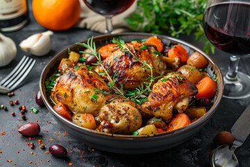 Red wine-braised chicken with vegetables, a rich and flavorful dish