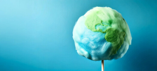Cotton candy ball resembling planet Earth, against a light blue background