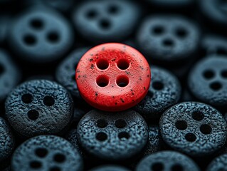 Stand out with this stunning image of a vibrant red button highlighted among black buttons, symbolizing uniqueness and the best candidate.






