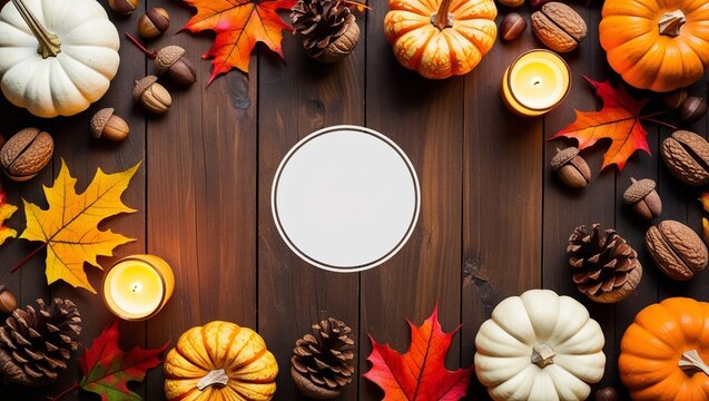Rustic autumn-themed flat lay with a wooden background surrounded by pumpkins, pinecones, acorns, walnuts, vibrant fall leaves, and glowing candles. The composition has a cozy, warm atmosphere with a 