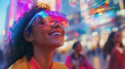 Fototapeta premium A young woman wearing vR glasses smiles while exploring the city with her friends