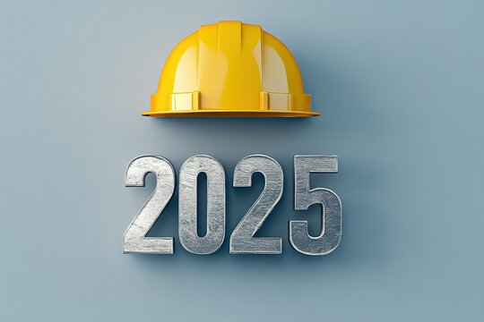 New Years celebration with steel figure 2025 and yellow hard hat for safe construction