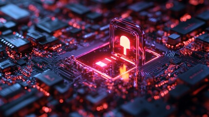 Intricately designed digital lock shines in vibrant red against a backdrop of illuminated circuits and microchips, symbolizing the crucial role of cybersecurity in modern technology