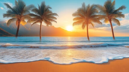 Tropical Sunset Beach Scene With Palm Trees