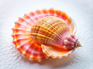 Obraz premium Aerial View of a Delicate Orange and Pink Seashell Resting Elegantly on a White Background, Showcasing Nature's Beautiful Patterns and Textures for Stock Photography Use