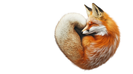 Red fox sleeping curled up in a ball on transparent background