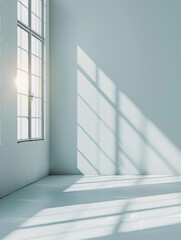 Obraz premium A serene interior space featuring large windows that cast soft shadows on floor, creating tranquil atmosphere. light enhances minimalist design, inviting calmness