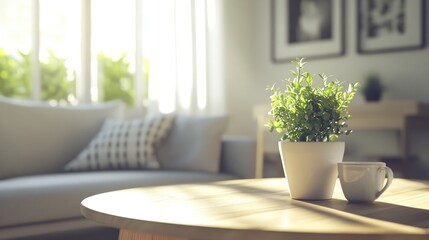 Fototapeta premium Sunlight illuminates a plant and coffee cup on a table