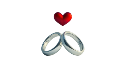 Two wedding rings intertwined with red heart floating above on transparent background