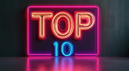glowing "TOP 10" neon sign, minimalism darl background