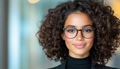 Obraz premium Young woman with curly hair wears glasses and smiles, showcasing an confident demeanor