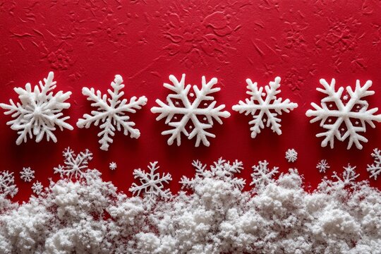Decorative snowflakes arranged on vibrant red background for winter celebration